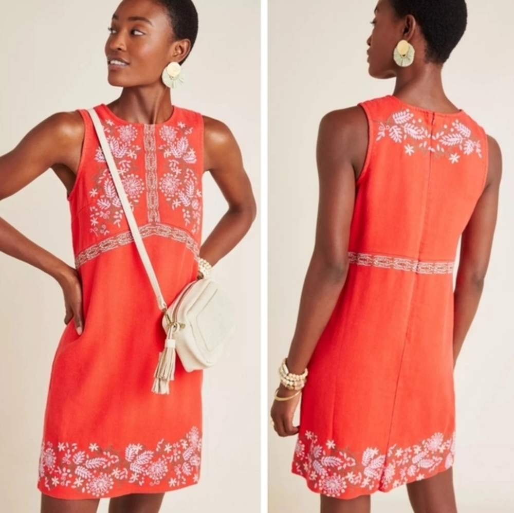 Anthropologie Aiko Embroidered Shift Dress Red Rouge Sleeveless Linen Plus 26